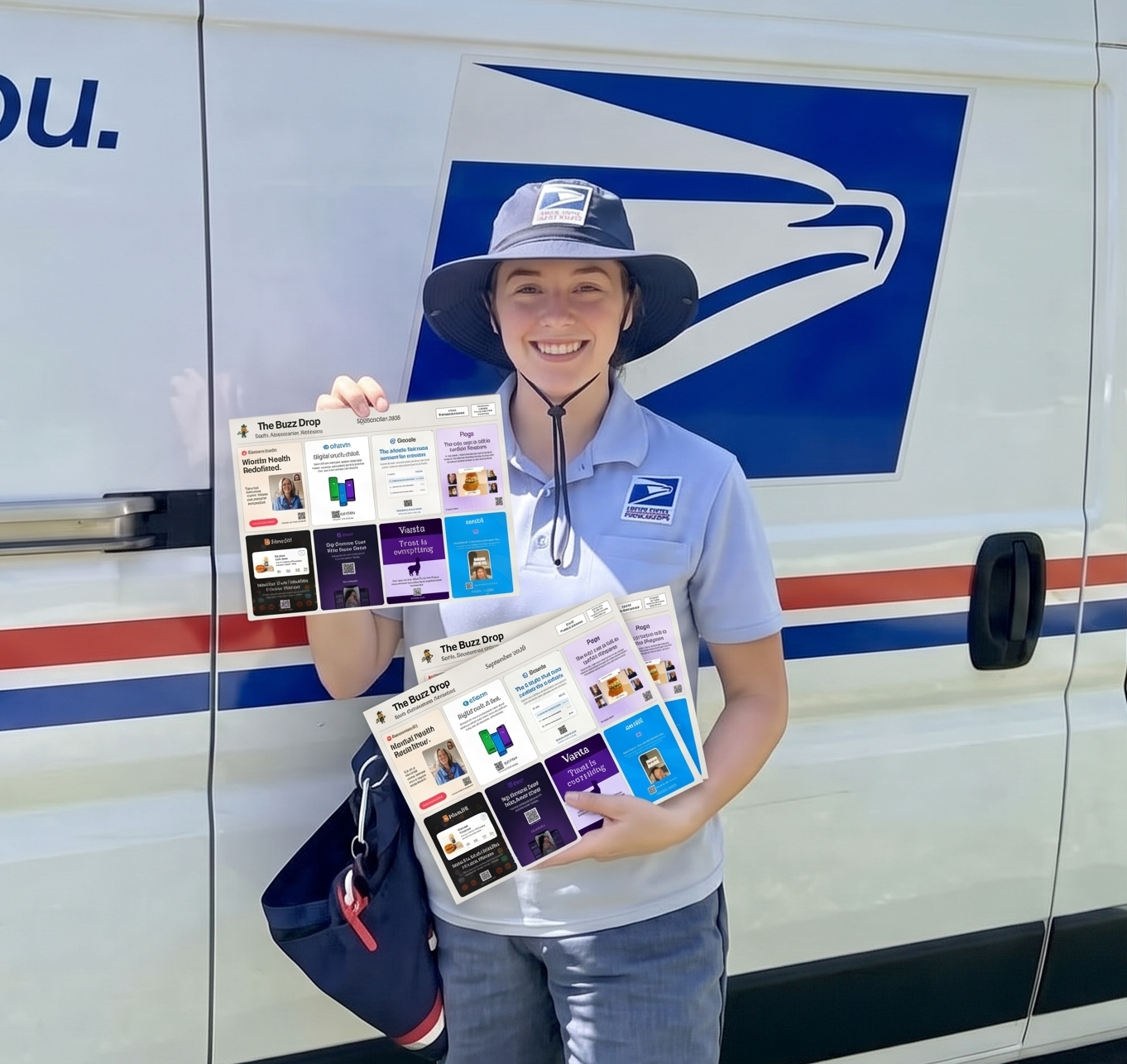 USPS Mail Carrier holding App Store Drop postcards